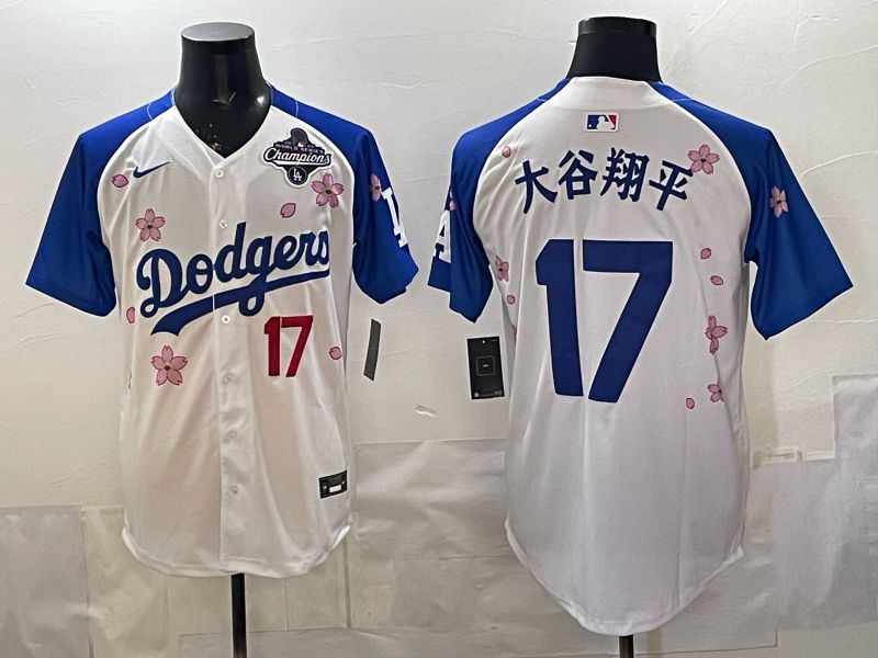 Men Nike 2026 Los Angeles Dodgers #17 Ohtani White Blue Sakura Edition Game MLB Jersey 120814
